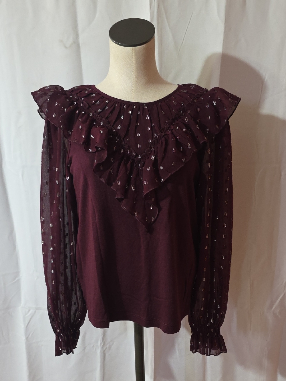LOFT Ruffled Chiffon-Yoke Long Sleeve Top - Burgundy